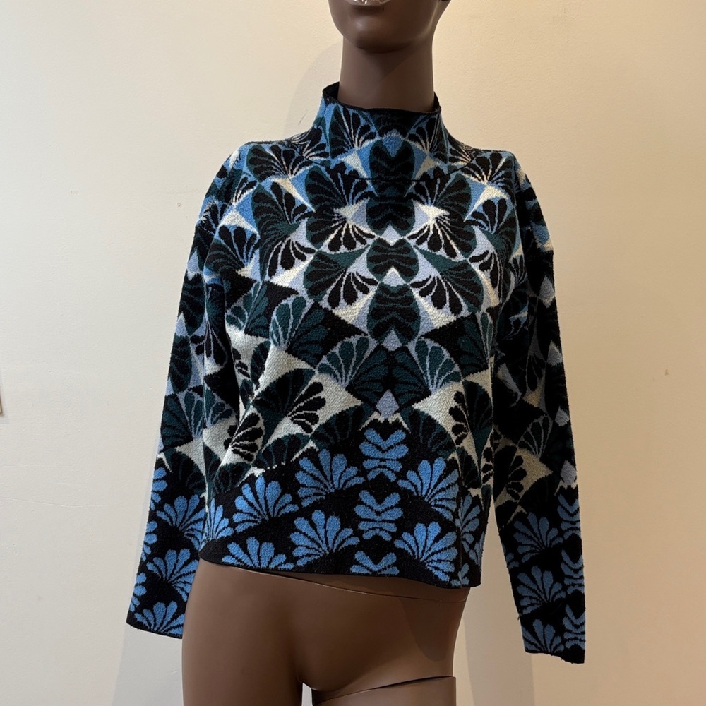 Maeve Anthropologie Carys Mock Neck Sweater cropped Pullover blue white Small S